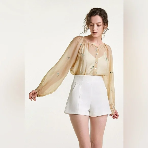 J.ING Sheer Cream Button Down Long Sleeve Embroidery Blouse Shirt Top Size M NWT - Picture 2 of 11